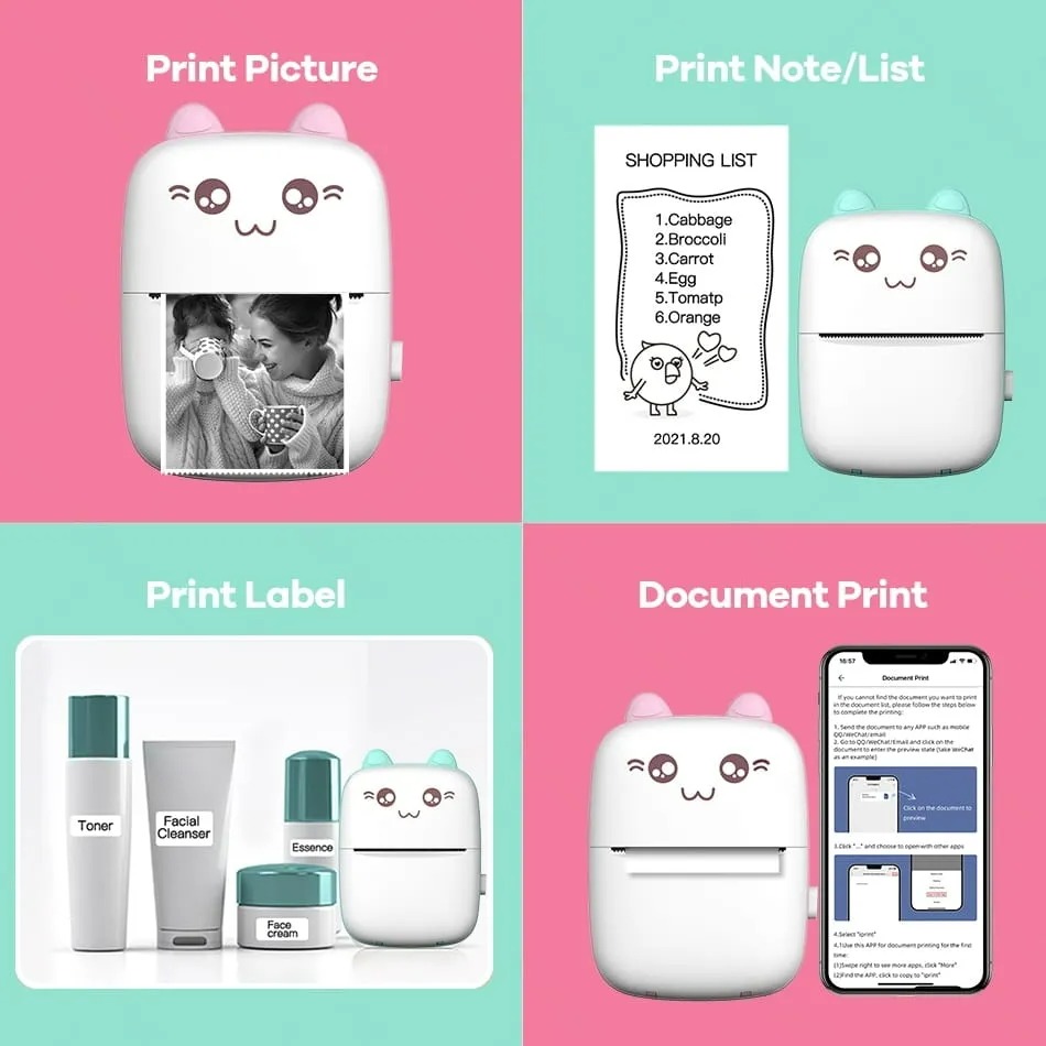 Portable Mini Printer Compatible with iOS & Android Wireless Bluetooth Thermal Printing Great for Printing Text Messages, Labels, Photos, Notes, and Creating Posters Mini Pocket Printer Ideal for Students, Teachers, and Creatives. 