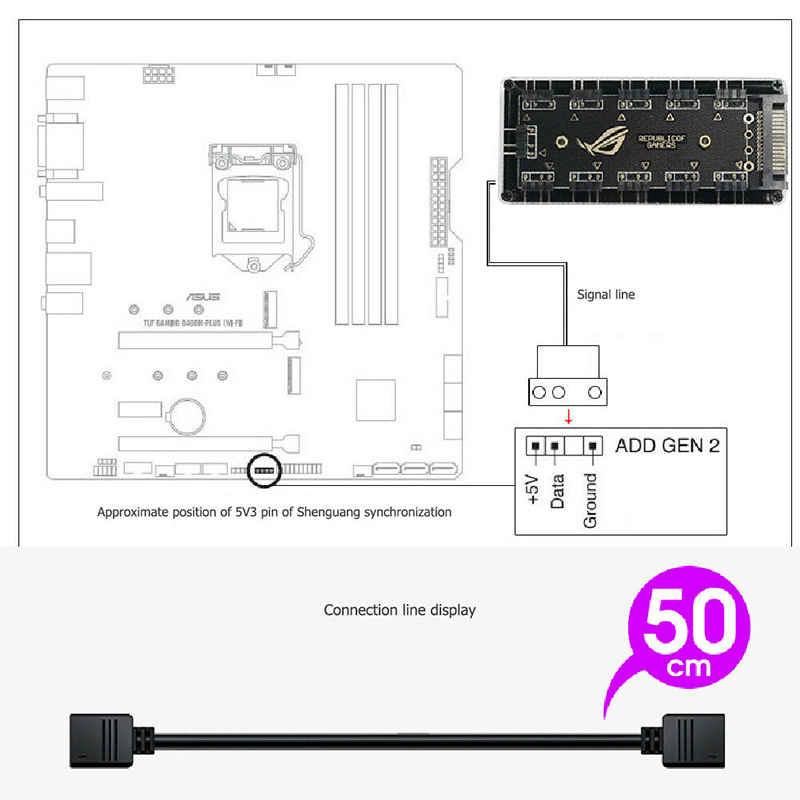 5V 3-pin RGB 10 Hub Splitter SATA Power 3pin ARGB Adapter Extension Cable. 