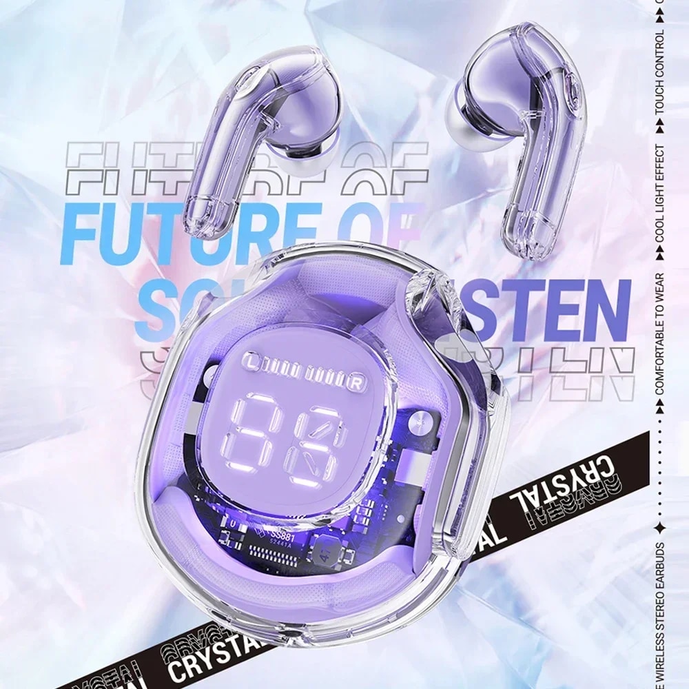 Wireless earphone Bluetooth earbuds Transparent Digital Display TWS Mecha Style For Acefast T8 Sports Headphones. 