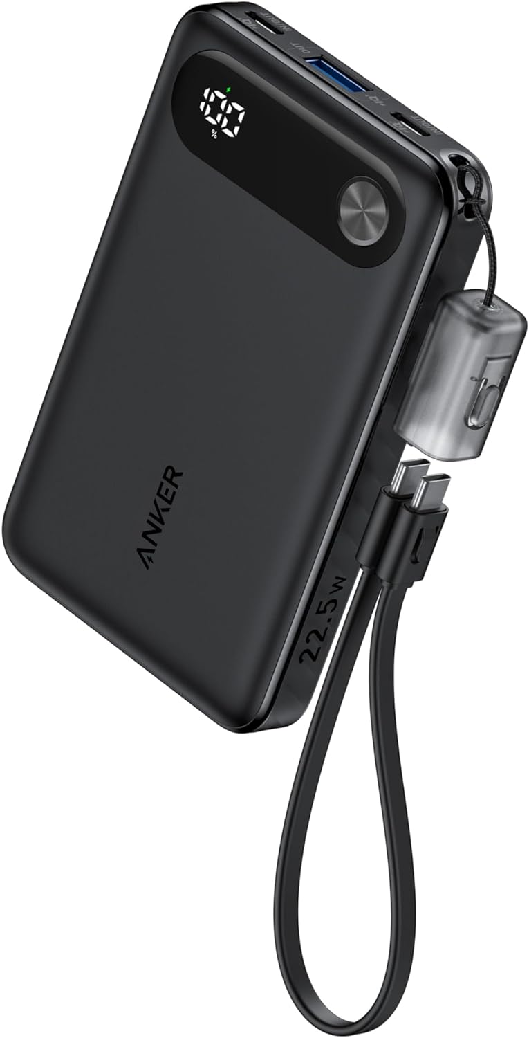 Anker A1257 Power Bank, 10,000mAh Portable Charger with Built-in USB-C Cable and Lanyard, 22.5W Max Output with 2 USB-C and 1 USB-A Port, Battery Pack for iPhone 15/14, Galaxy S23, iPad, AirPods. 