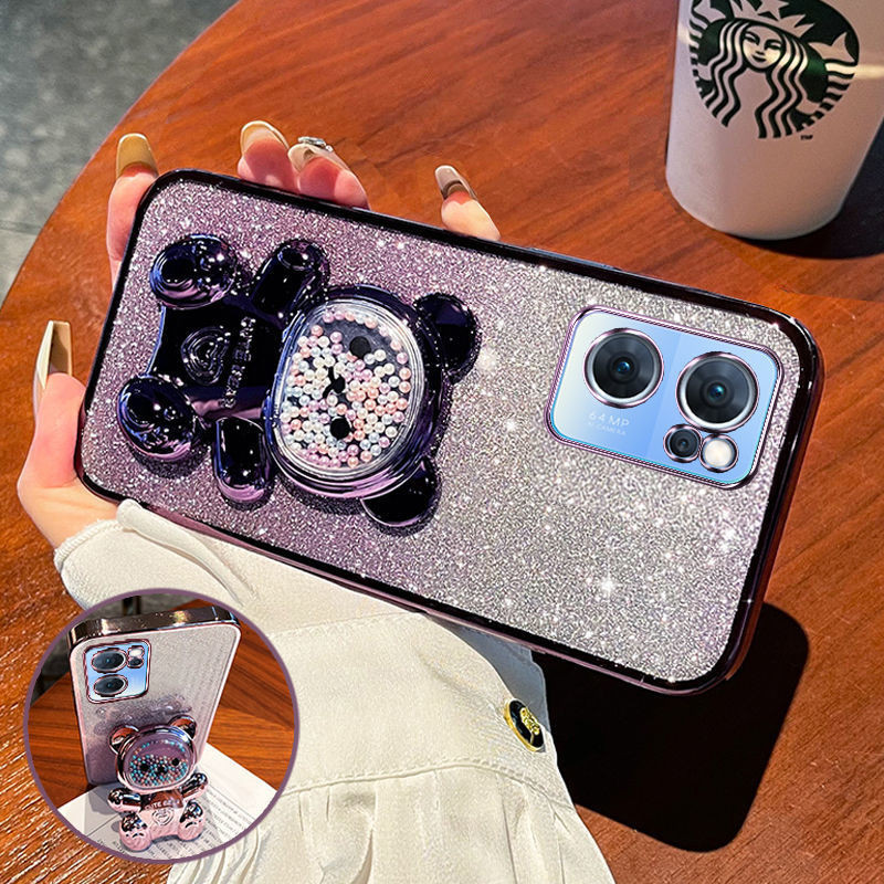 For OnePlus Nord CE 2 5G / Nord CE 2 Lite 5G Back Cover case with Gradient 3D Bear Folding Stand Bracket Luxury Slim 6D Plating Glitter Girls Phone Case Clear Soft Silicone Protective Cases Pouch. 