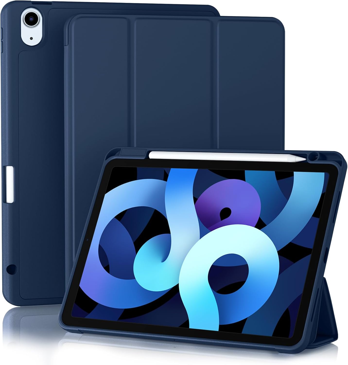 For Apple iPad Air 5 (2022) 10.9 inches (5th generation) Luxury Premium Silk Texture Horizontal Flip Leather Cover with 3-folding Holder Smart Case With pen Holder -(Black-Blue) For :  A2589, A2591 (Global). 