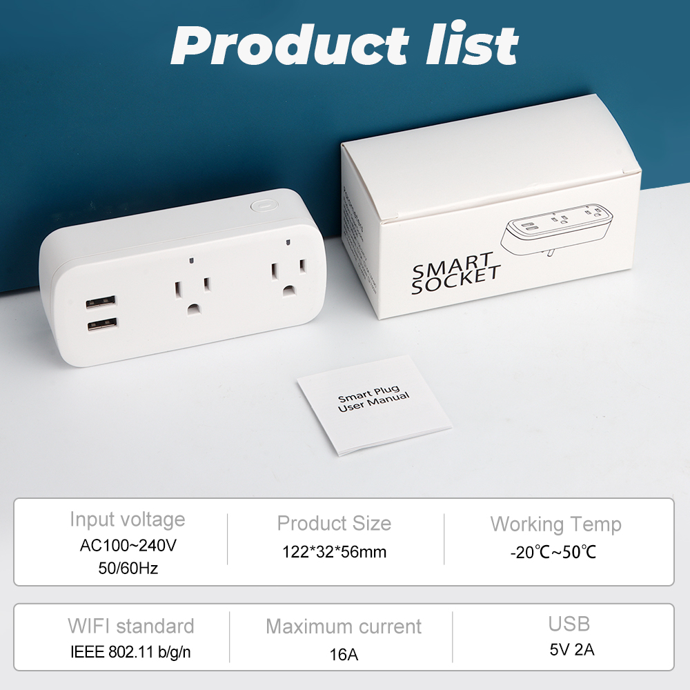 ROVF - Tuya/Smartlife - Wifi Smart Usb Socket - multi plug socket - Power Strip - 16A US Plug Adapter - for Google Home Alexa. 
