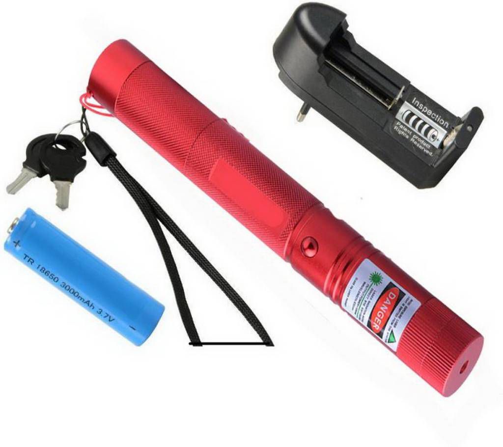 Laser Pointer Light 303 Green  - Red Body Color - 18650 Powerful Rechargeable Battery - 10 Km Adjustable Focus - Professional. 