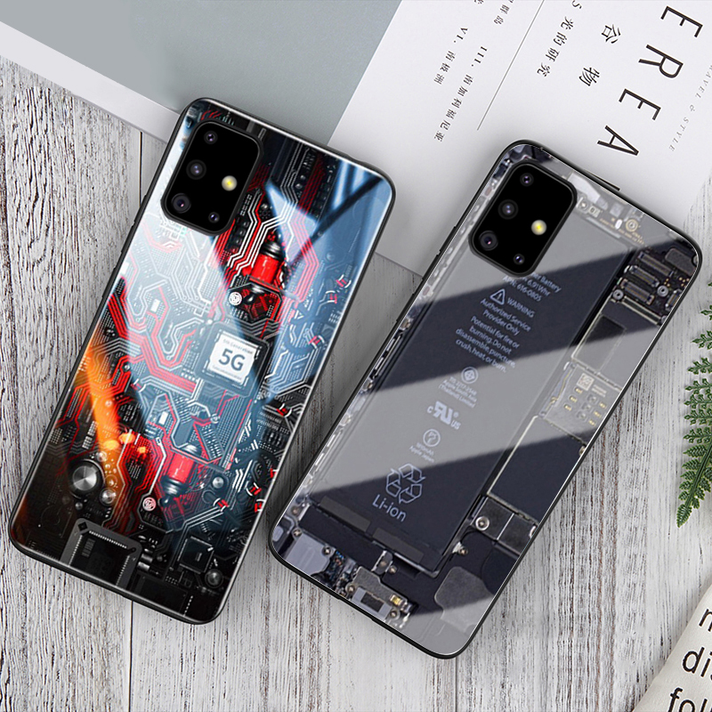 For Samsung Galaxy A51 Back Cover Version Theme Case Tempered Glass Protection shockproof Cover for Samsung A51 case Transparent Circuit Board Design Full Coverage Phone cases. 
