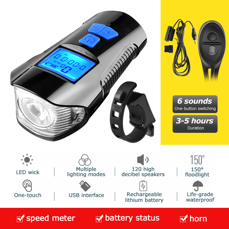 Waterproof Bicycle Light USB Charging Bike Front Light Flashlight Handlebar Cycling Head Light w/ Horn Speed Meter LCD Screen. 