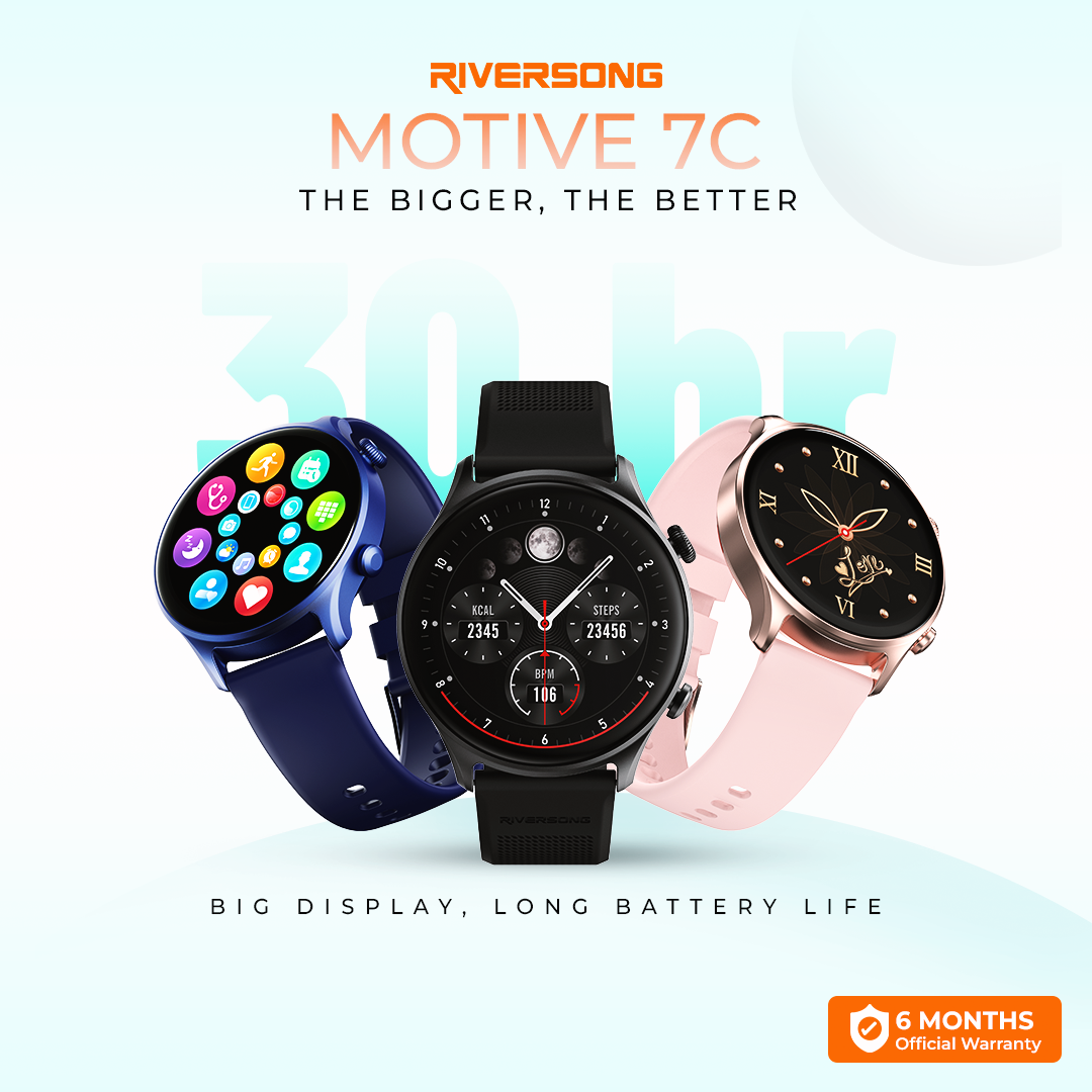 Riversong Motive 7C, High resolution Screen with Always on Display, Crown Navigation and 100+ sports mode, IP68 waterproof. 