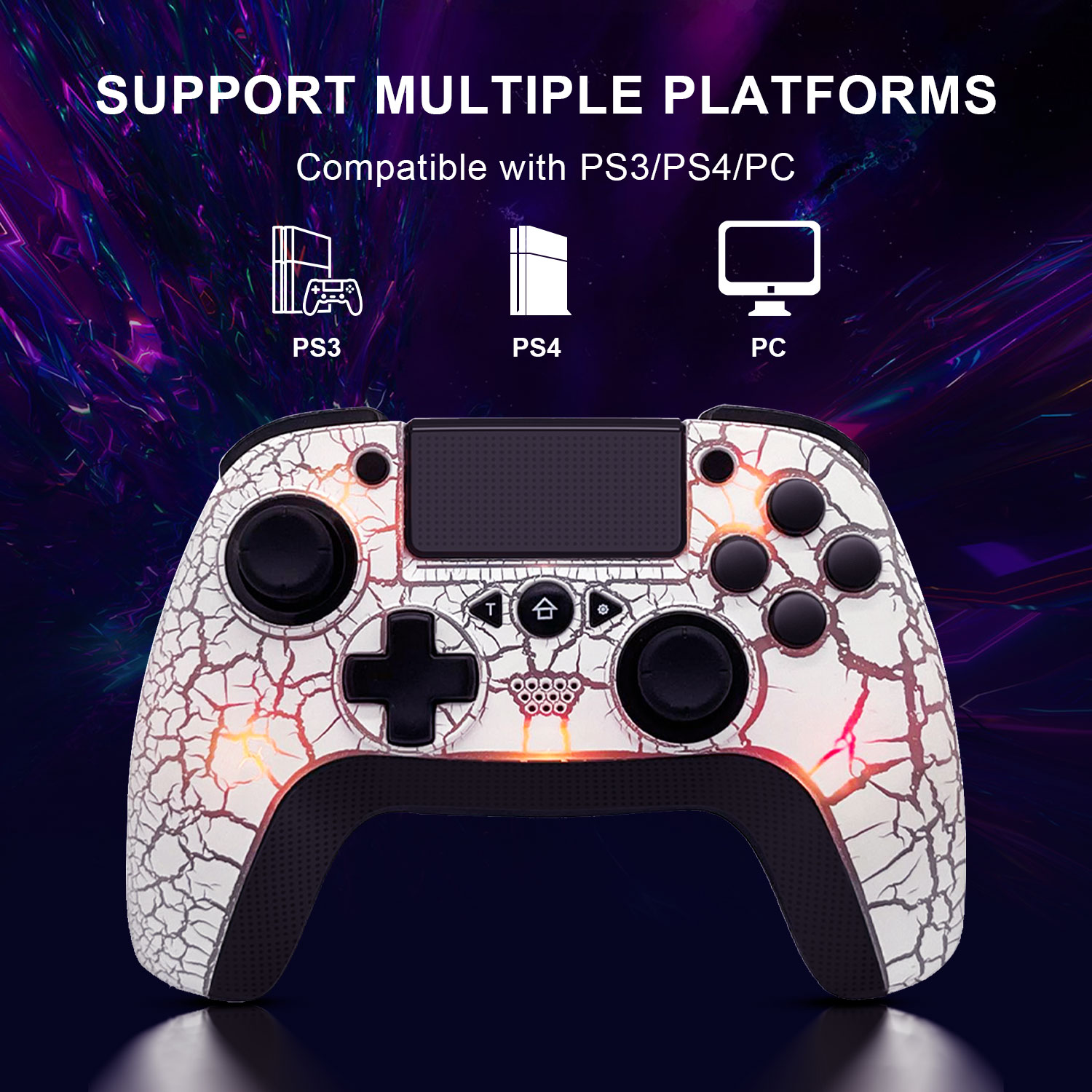 NE RGB Cracked Layout Gamepad Bluetooth Remote Control Wireless Controller with Programmable Back Buttons for PS3 PS4 PC (White). 
