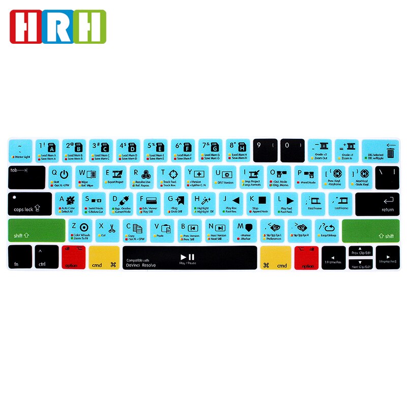 （NEW）HRH DaVinci Resolve Hotkey Function Shortcut Silicone Keyboard Cover for Macbook Pro 13"15"Touch Bar A1706/A1707/A1989/A2159