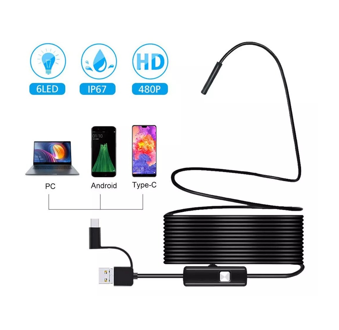 3 In 1 Type-c Android 6 LEDs USB Endoscope Inspection Mini Camera Borescope Flexible Hard Cable for Android Smartphone PC. 