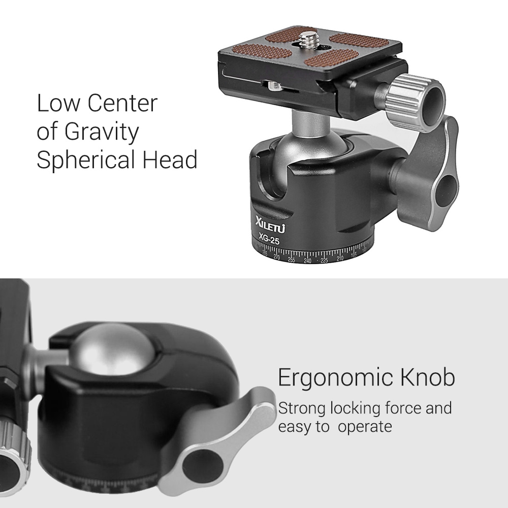 XILETU XG25 Panoramic Tripod Head Adjusting Platform Low Gravity Center Aluminum Alloy Material Max. Load 6kg/13.2lb with QR Plate 1/4 Inch Screw Interface for Cameras Tripods Monopods. 