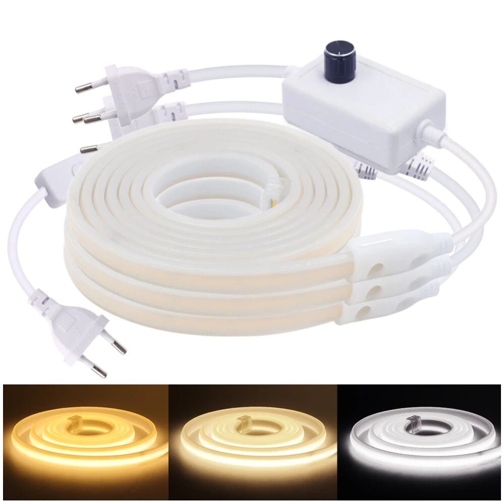 LED COB Strip Neon Light Dimmable 220V AC Power Plug Kit 288 LEDs High Density Linear Lighting Flexible Tape Strips Waterproof