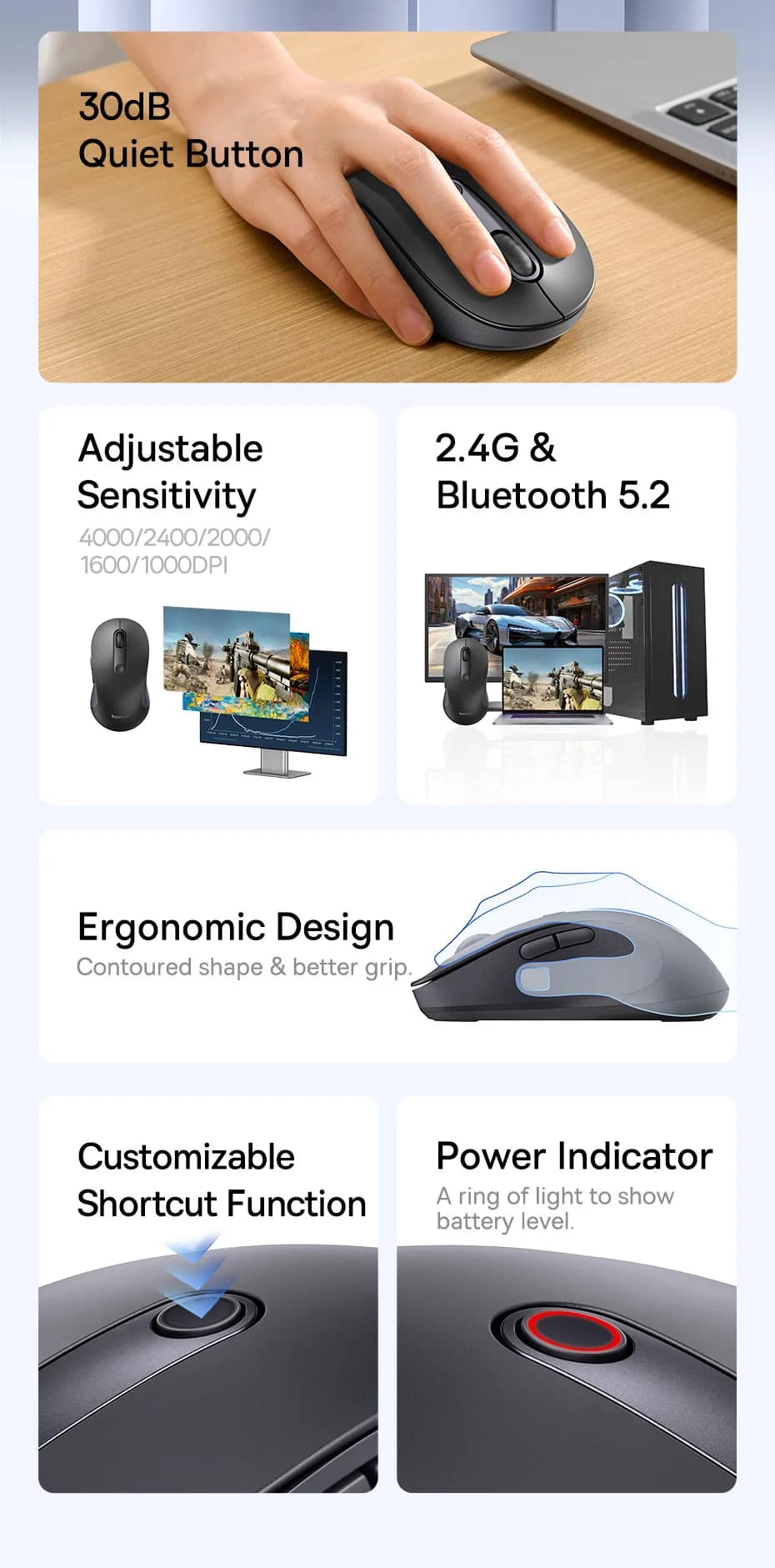 Baseus F02 Ergonomic Wireless Mouse (without Battery) Wireless Mouse Gen 2  Bluetooth 2.4G 4000 DPI Gaming Mouse. 
