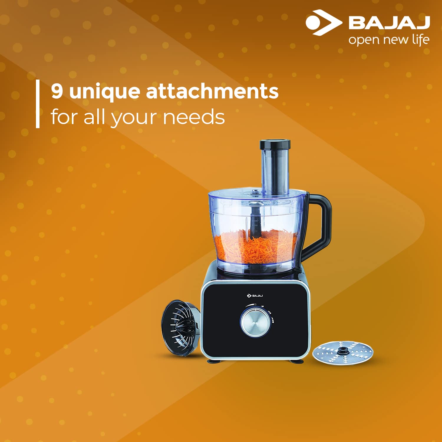 Bajaj FX-1000 DLX 1000 Watts Food Processor and Mixer Grinder with 9 attachments (Black) India. 