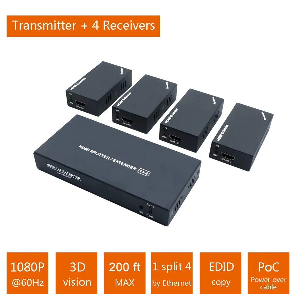 1x4 HDMI Extender Splitter 1080p Over Cat5e/Cat6 Ethernet Cable with Loopout - Up to 50m/165ft - EDID Management 1920*1080@60Hz. 