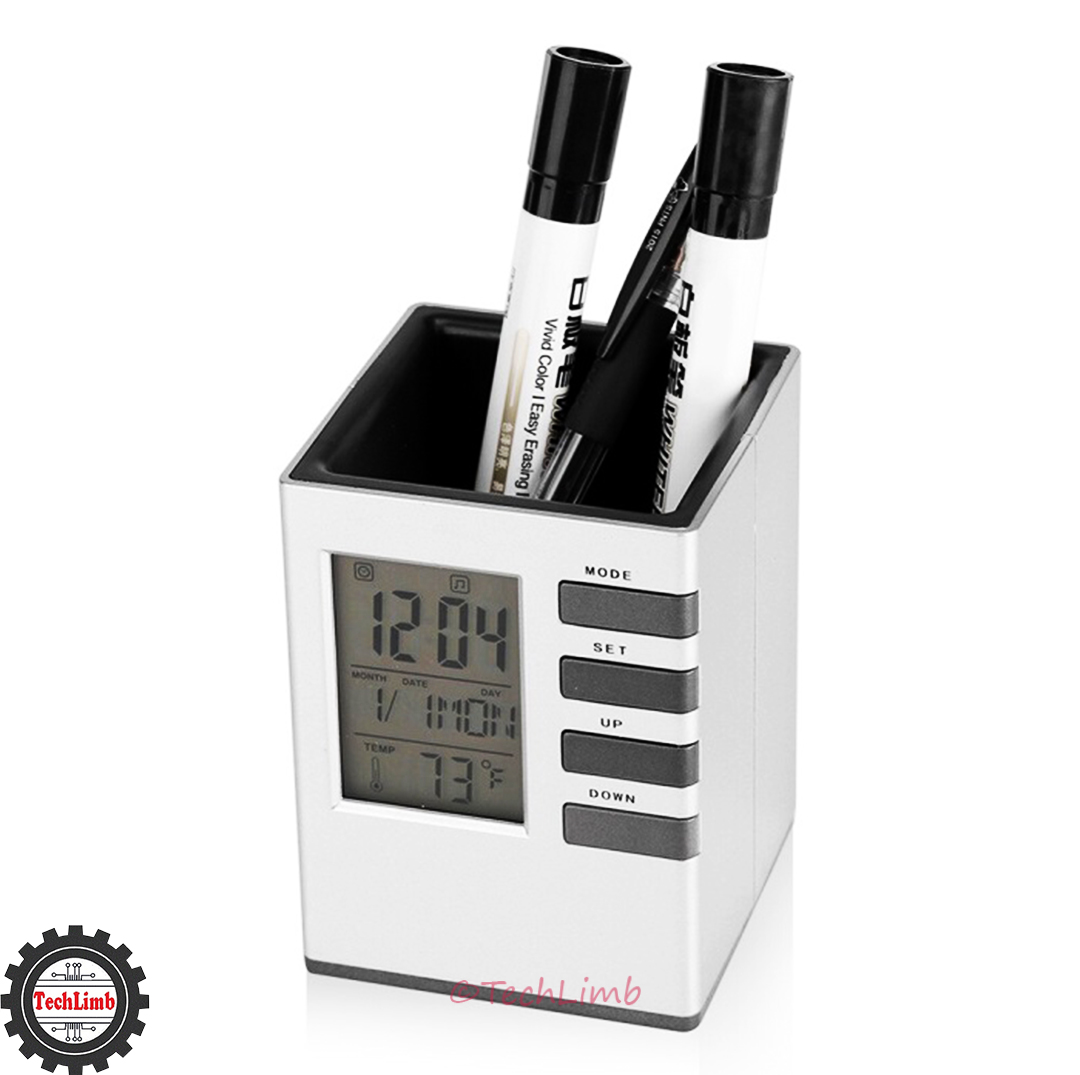 CUBE Desk Pen Stand with Digital Clock, Temperature, Alarm & Calendar - Multifunctional Pen Holder for Office & Home Desk - TechLimb. 