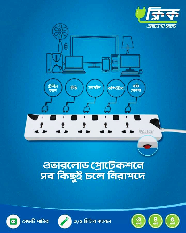 Click Multiplug 5 socket 2 pin plug 5 meter 2×0.4 rm cable.. 