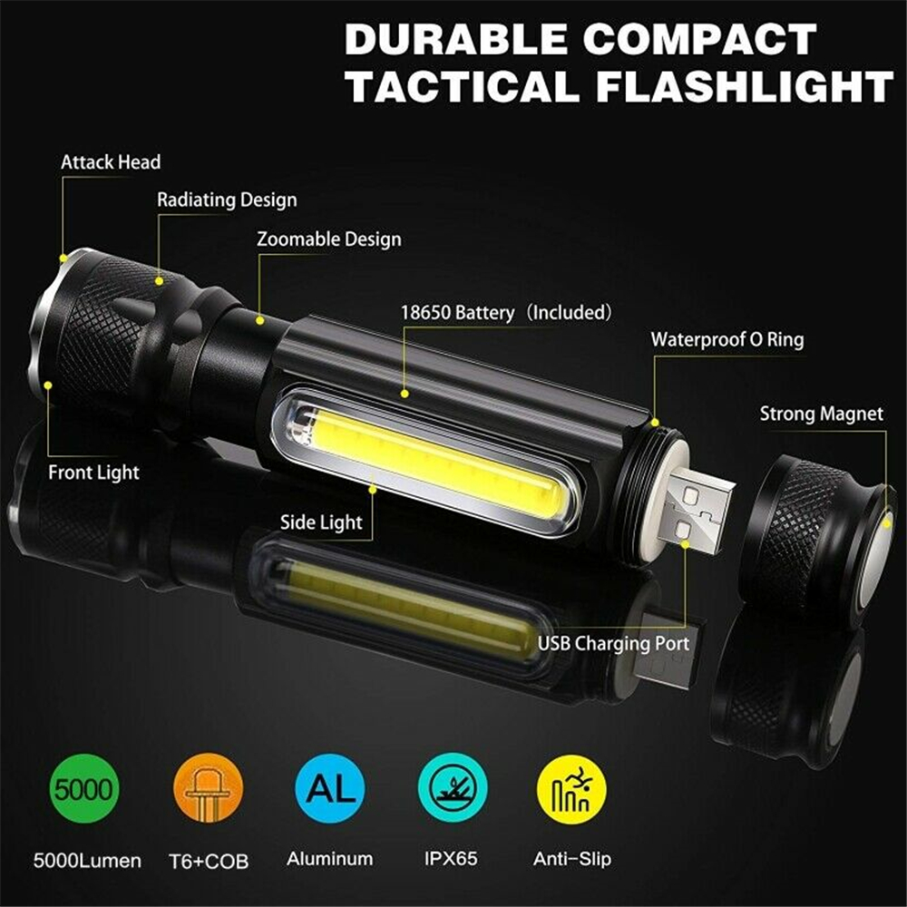 Multifunctional LED Flashlight 5000LM USB battery Powerful T6 torch Side COB Light linterna tail magnet Work Light. 