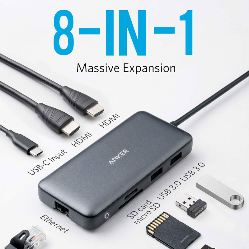Anker 553 USB-C Hub, 8-in-1 USB C Dock, Dual 4K HDMI USB C to USB Adapter, 1 Gbps Ethernet USB Hub, 100W Power Delivery, A8380. 