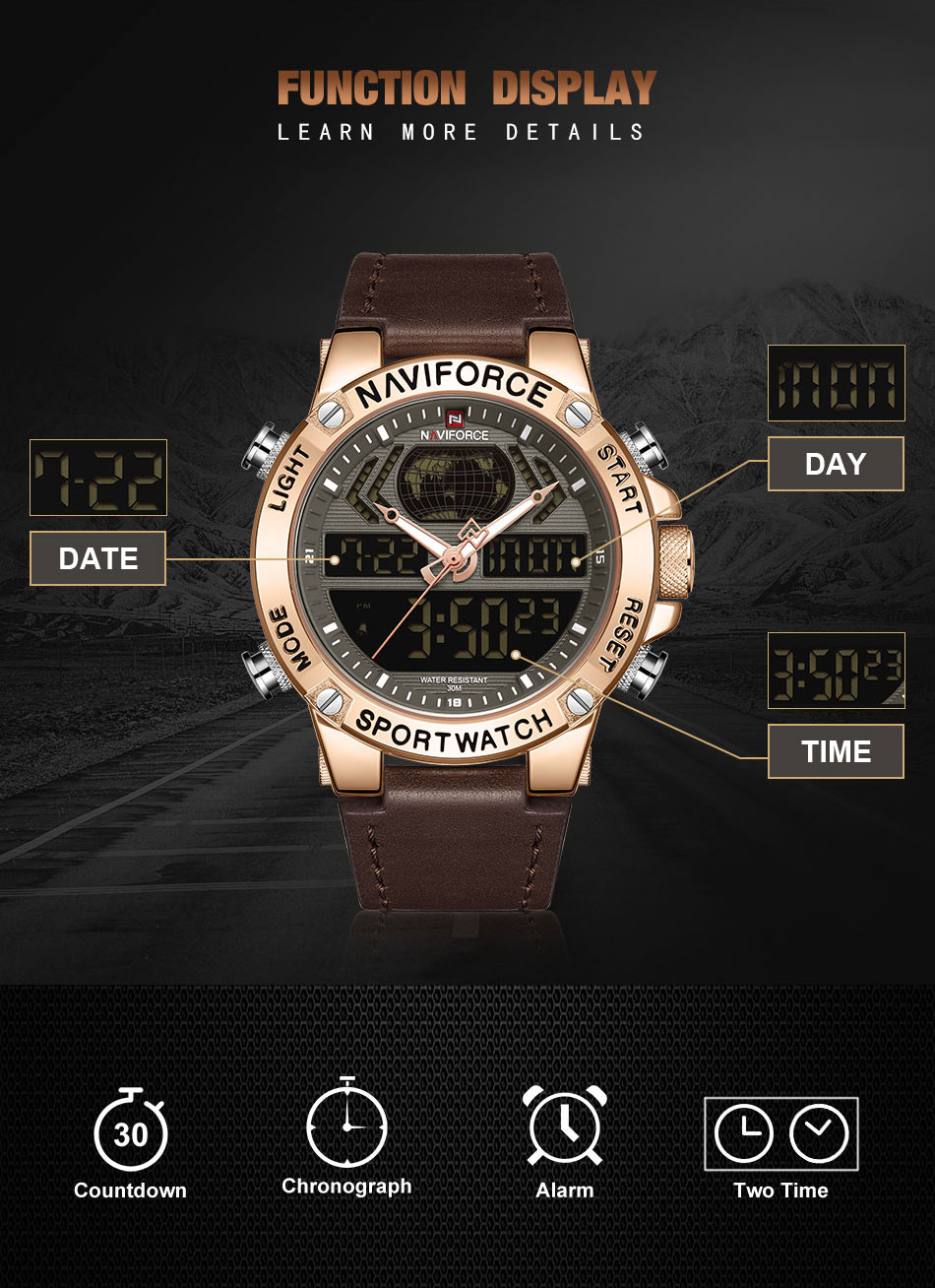 NAVIFORCE NF9164 Dark Brown PU Leather Dual Time Wrist Watch For