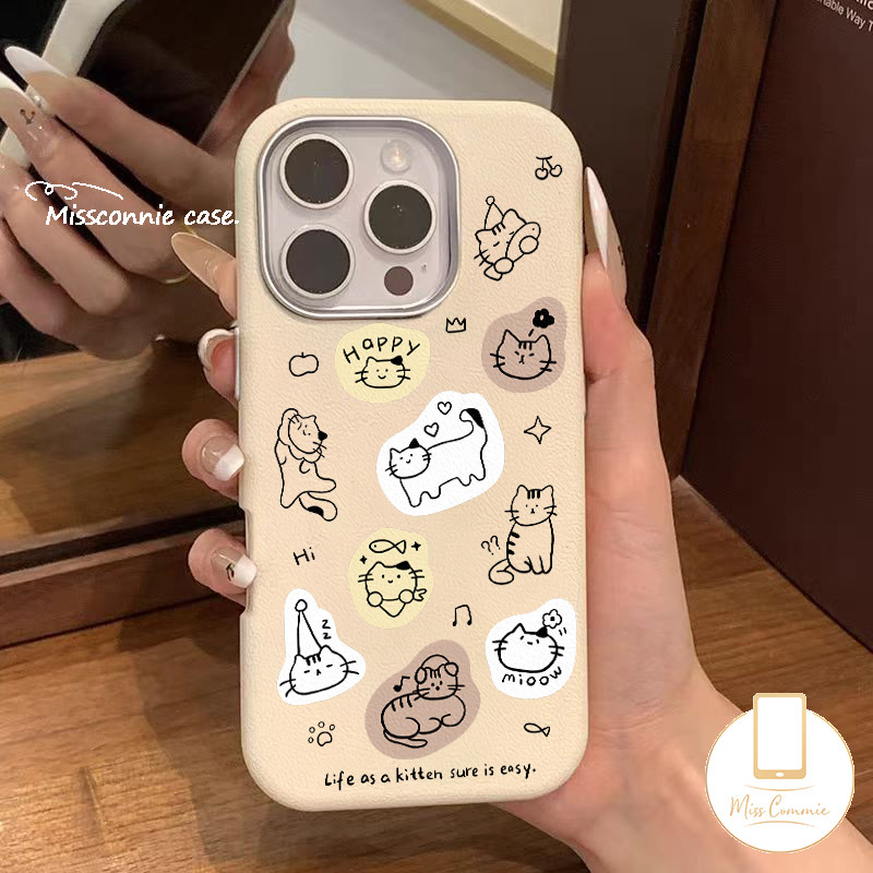 Cartoon Stick Figure Cat Kitten Lovely 3D DIY Doll Cat Case Compatible for IPhone 16 11 12 15 14 13 Pro Max XR X 15 14 16 Plus XS Max Luxury Metal Lens Frame Leather Texture Case. 
