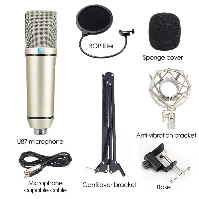 Professional Studio Record Condenser Microphone U87 With Shock Mount, Stand, holder, pop Filter,  XLR to 3.5mm Audio cable, Mic Foam For Mobile Computer laptop Gaming Podcast Silver. 