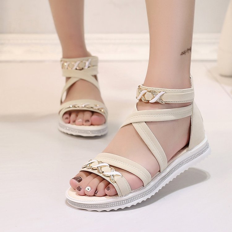 Sandals Women's Roman Flat Heel Women's Shoes 2024 Summer New Rhinestone Zipper Open Toe Foreign Trade Women's Sandals Wholesale