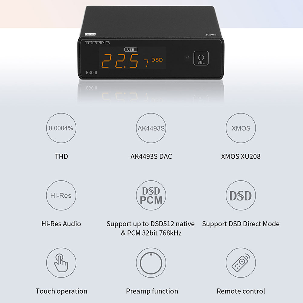 TOPPING E30 II lite Decoder AK4493S DAC USB Hi-Res Audio DSD512 768k XMOS XU208 Touch Operation with Remote Control Preamp DAC. 