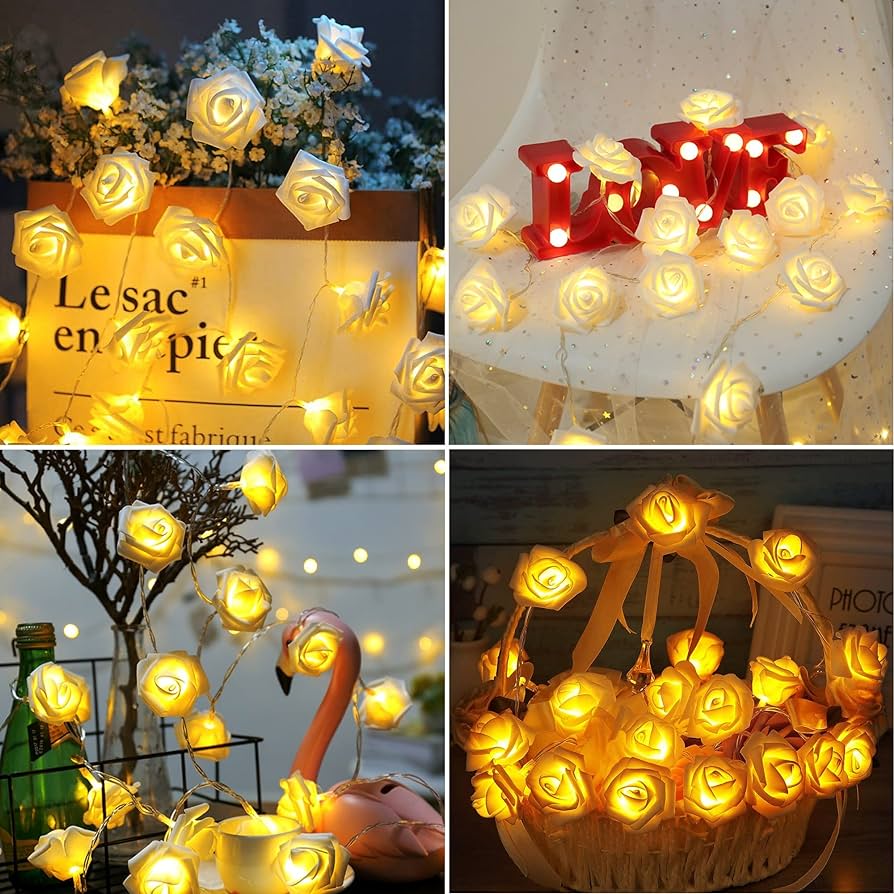 Decorative party fairy light warm white Artificial Soft fashionable White rose fairy led lights for decoration, party light