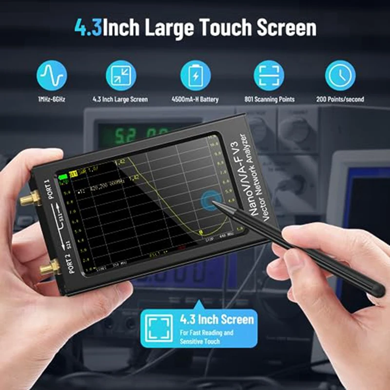 New Upgraded 6Ghz Nanovna-F V3 Vector Network Analyzer 4.3 Inch HF VHF UHF VNA Antenna Analyzer Tester Measures 801 Scan Points. 