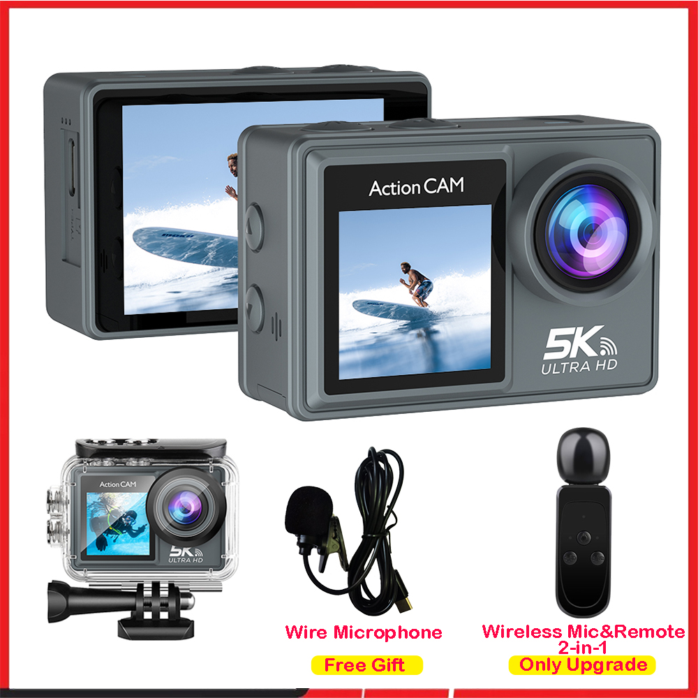 5K 4K60FPS Action Camera Dual IPS Touch LCD DVR EIS 170° 30M Waterproof 5X Zoom Sport Camera With Wireless Mic&Remote Control. 