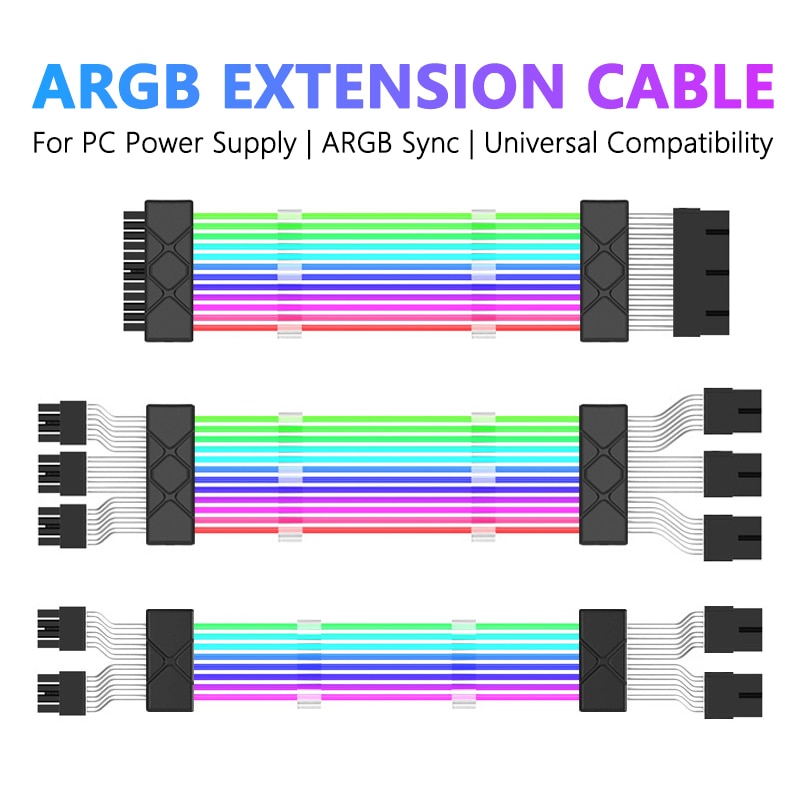 Jumpeak Computer 18AWG ARGB Sync PSU Power Supply Extension Cable Kit ATX 24PIN VGA GPU PCI-E 8PIN 6Pin RGB PC Module Cables