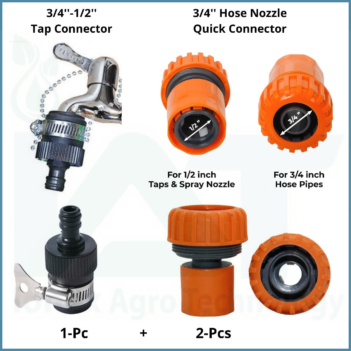 3/4-inch Size Water Hose Nozzle Quick Connector (2-Pcs) and 1/2'' or 3/4'' Universal Water Tap Connector (1-Pc) for Home Car Wash and Garden Watering.
