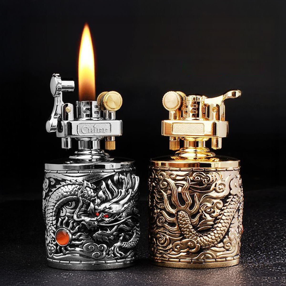 CHIEF Boss 206 Relief Kerosene Lighter Three-Dimensional Xiangyun Dragon Candlestick
