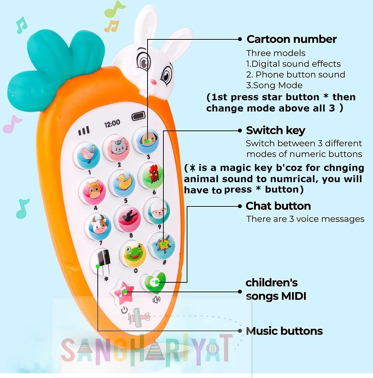 Toys Rabbit Phone Smart Phone Cordless Feature Mobile Phone Toys Mobile Phone for Kids Phone Small Phone Toy Musical Toys for Kids Smart Light (Rabbit Phone) - Multicolor. 