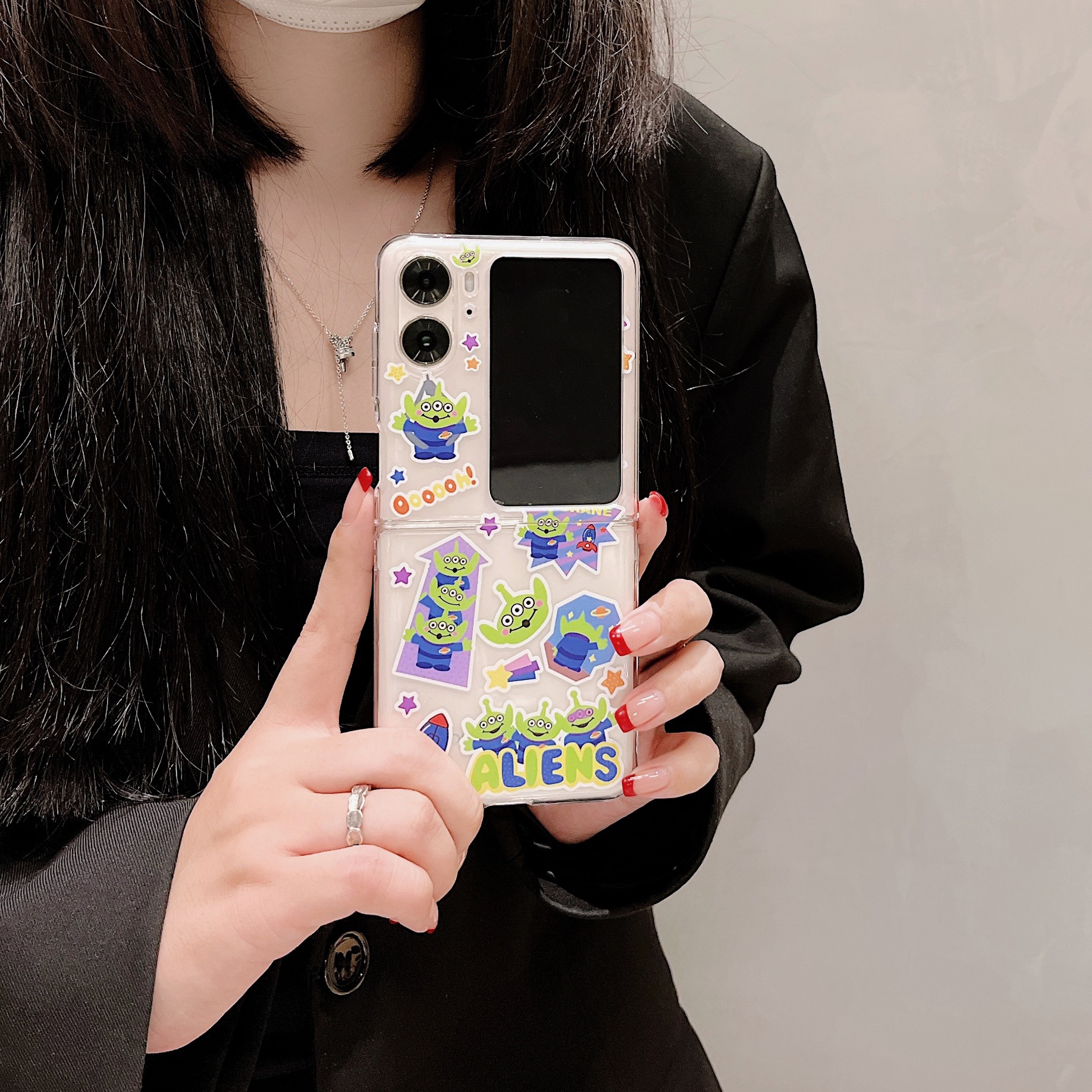 Cartoon Three-Eyed Alien Label Applicable OPPO Find N2Flip Folding Screen Mobile Phone Shell Transparent PC Hard Shell New. 