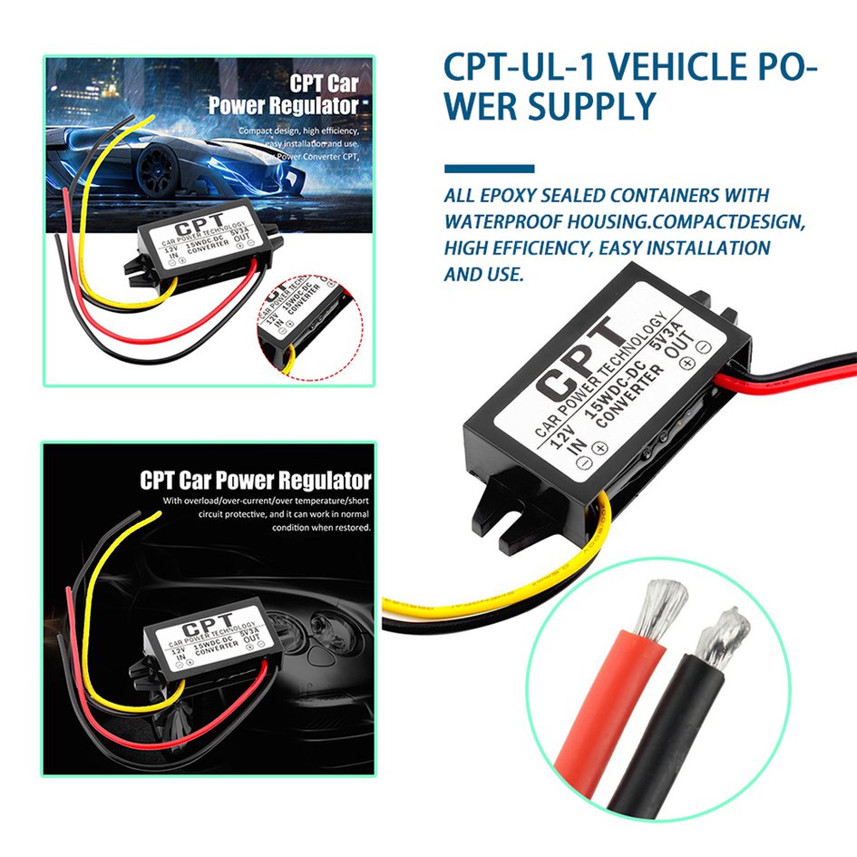 CPT-UL-1 DC/DC Converter Regulator 12V To 5V 3A 15W Car Led Display Power -Black. 