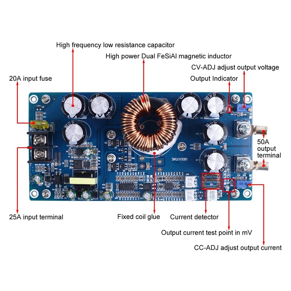 800W High Power Buck Converter CV 20V-70V to 2.5V-58V DC-DC Voltage Reducer 12V 24V 36V 48V 60V 30A. 