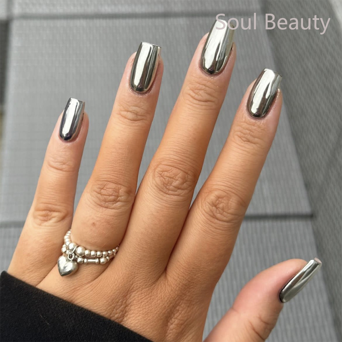 24pcs Short Ballet Silver Metal Nails Solid Color Glossy Artificial Press-on Nails Full Coverage Waterproof False Nail Art