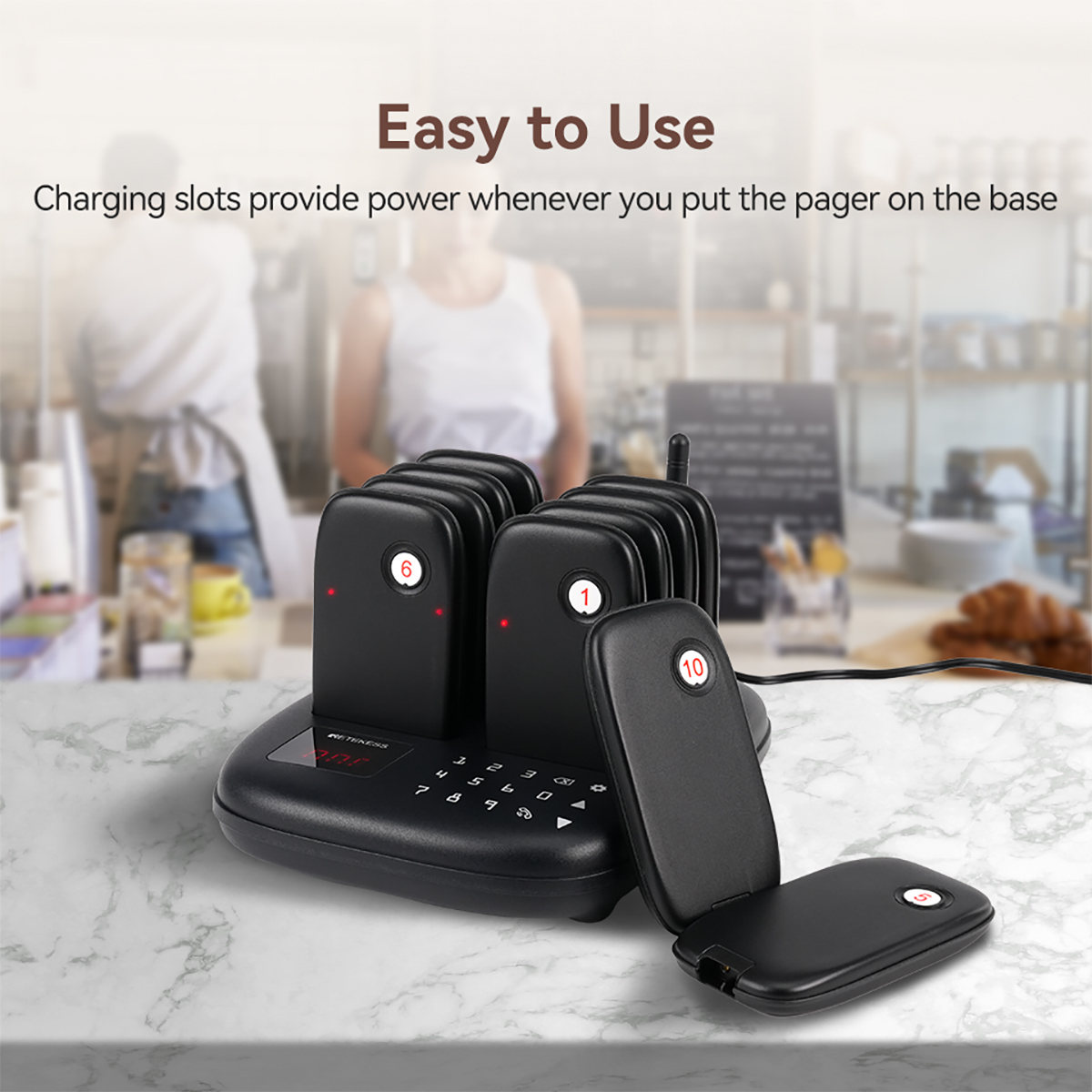 Retekess TD175 Restaurant Pager System, Wireless Calling System,Set with Vibration,Flashing and Buzzer, 1640ft Long Range, 10 Pagers for Restaurant, Church, Food Truck. 