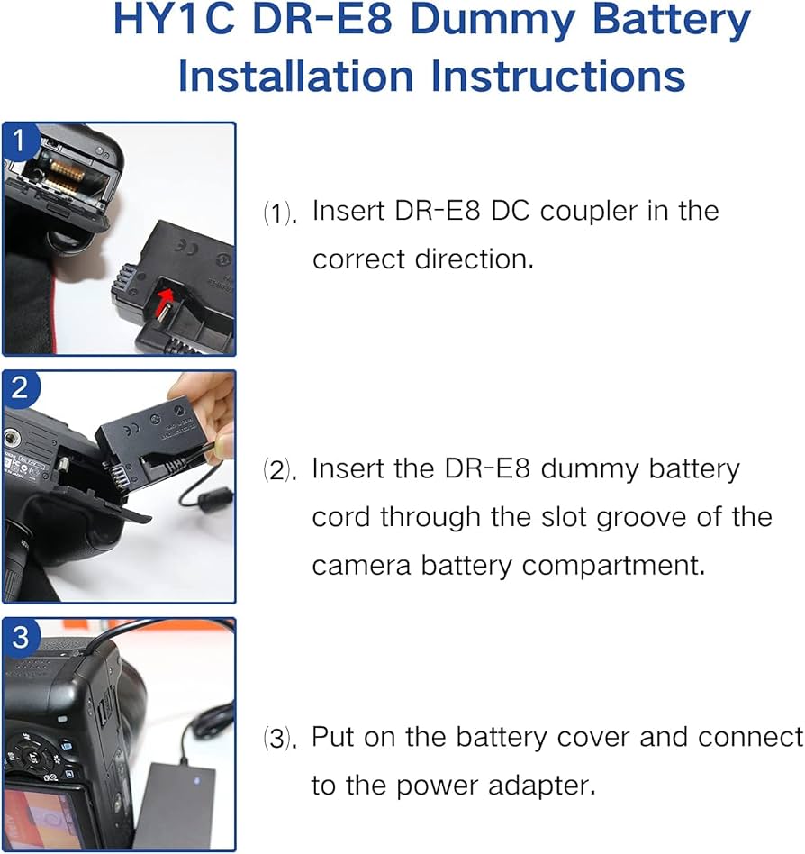 E8 AC Power Adapter DR-E8 DC Coupler LP-E8 Dummy Battery Kit for Canon EOS Rebel T5i T4i T3i T2i 700D 650D 600D 550D Cameras. 