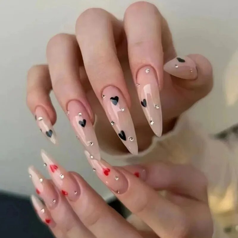24Pcs False Nails With Glue Almond Pink Butterfly Design Detachable Rhinestones Acrylic Nails long stiletto Press On Nails. 