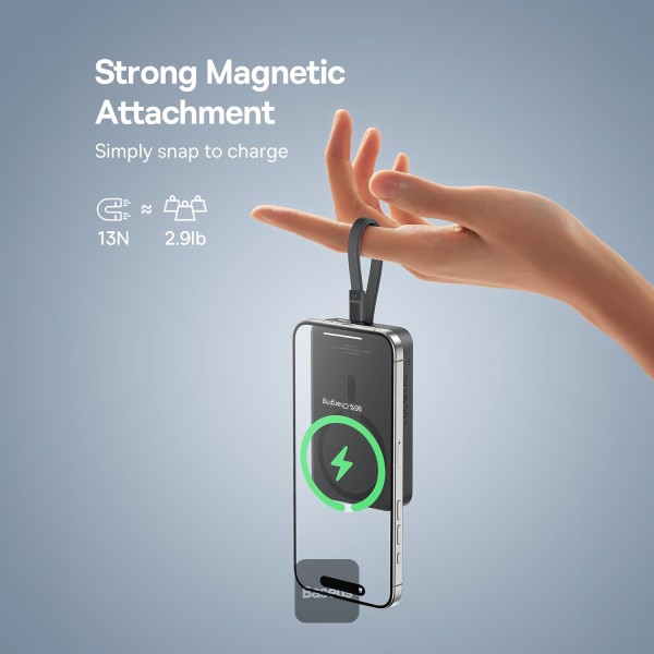 Baseus 10000mAh Magnetic Mini Wireless Fast Charge Power Bank 30W With Built-In Type-C Cable. 
