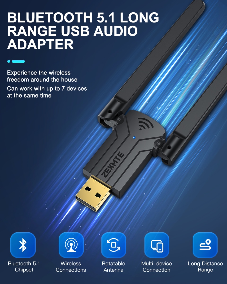 Zexmte 150M USB Bluetooth 5.1 Adapter Dongle Free Driver Adaptador Bluetooth Transmitter Dual Band Audio Receiver For Win 10/11. 