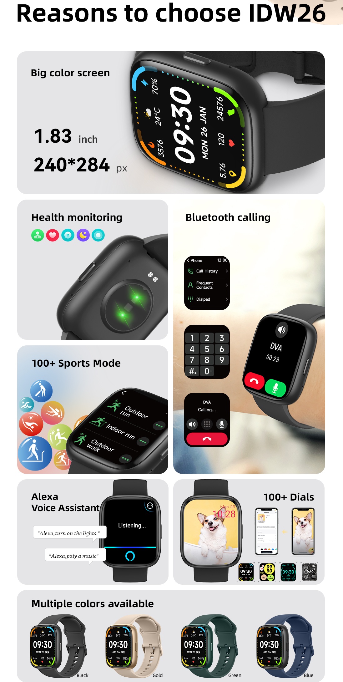 ZZYSMART 1.83 Inch IDW26 Smart Watches For Men Women Bluetooth Call Smartwatch Build-in Alexa 5ATM IP68 Waterproof Heart Rate. 