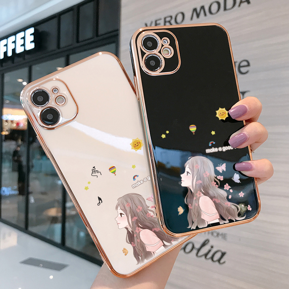 TA for Redmi Note 8 Back Cover + Free Lanyard Charming Girl Luxury 6D Plating Case Side Pattern Soft Silicone Square Phone Cases. 