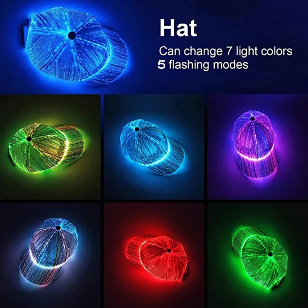 Fiber Optic Cap LED Hat with 7 Colors Luminous Glowing EDC Baseball Hats USB Charging Light Up Caps Performance Led Cap. 