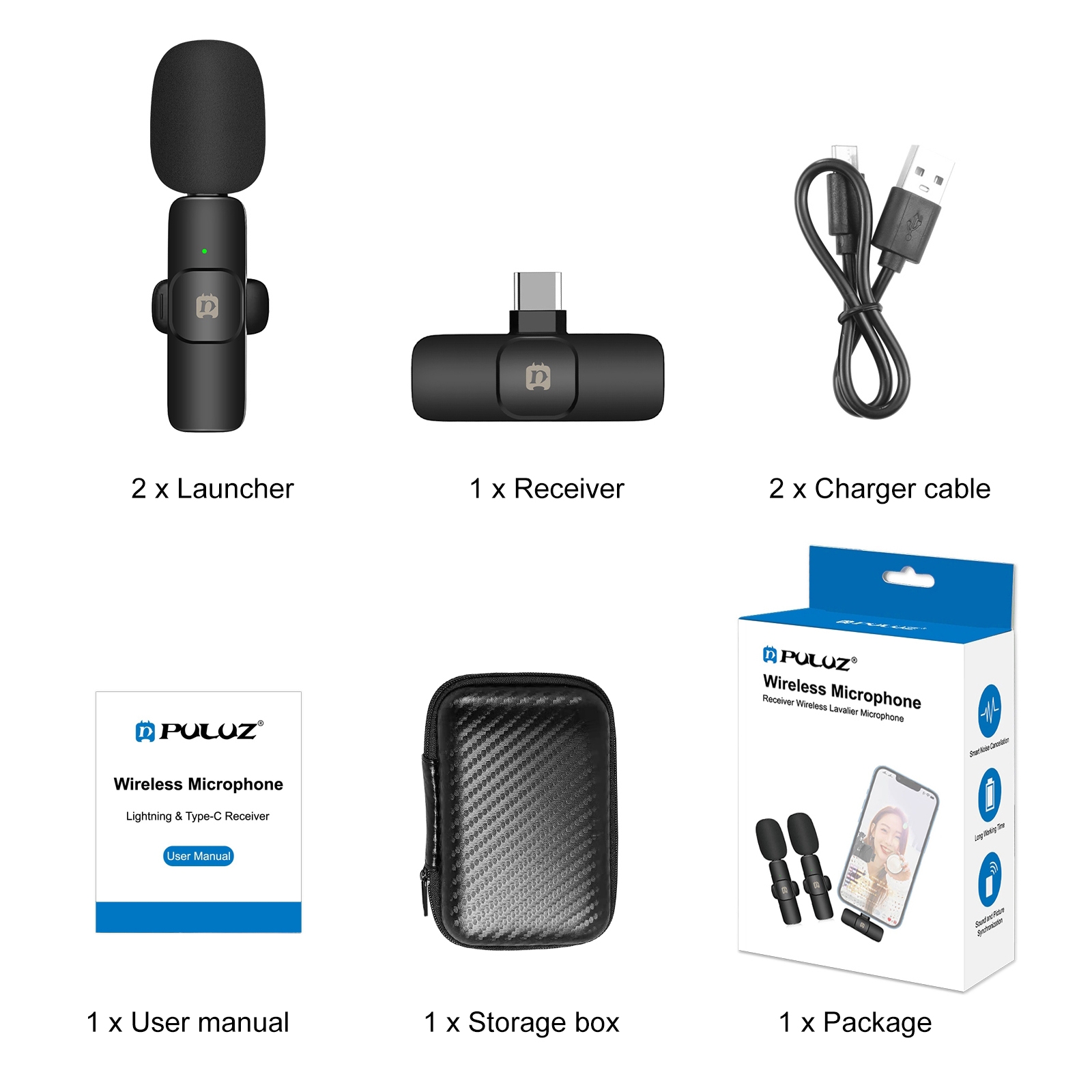 PULUZ PU3151B One-Trigger-Two Mini 2.4G Wireless Microphone System Clip-on Mic Replacement for Type-C Android Smarphones Tablets. 