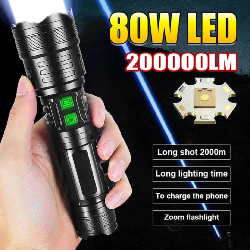 200000lm Powerful LED Flashlight Super Bright 80W Torch Type-c Rechargeable Flash Light High Power Camping Lamp Tactical Lantern