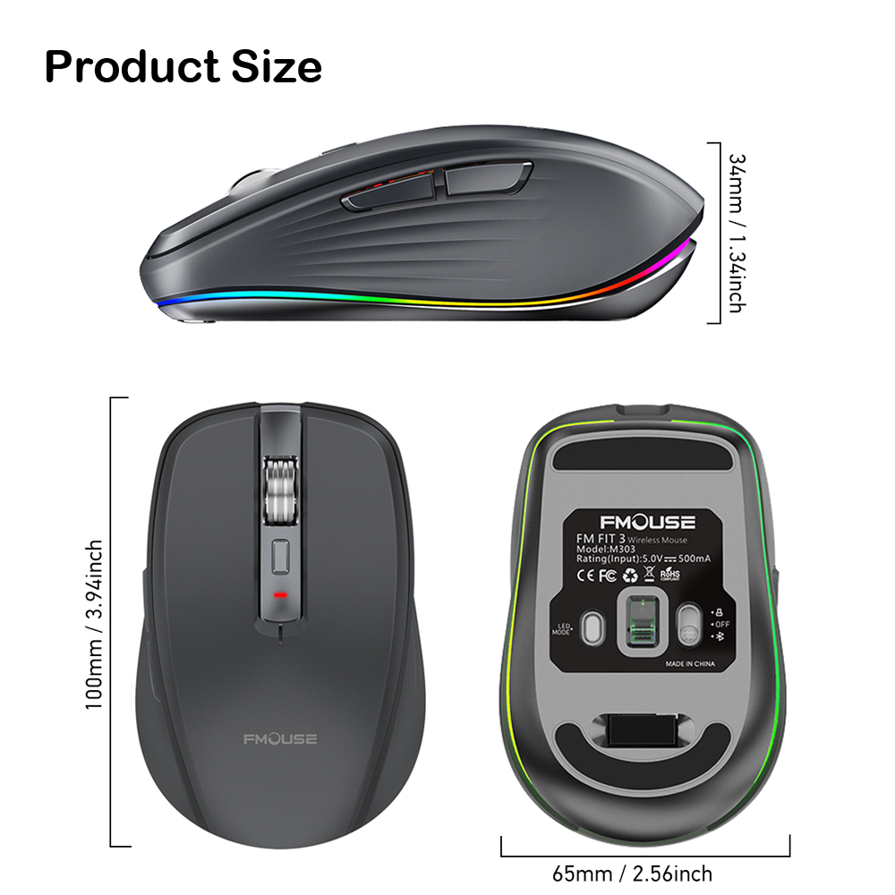 FMOUSE M303 Wireless Mouse Type-C Bluetooth 2.4G Rechargeable RGB Mouse with USB Receiver 4 Level DPI Adjustable Volume. 